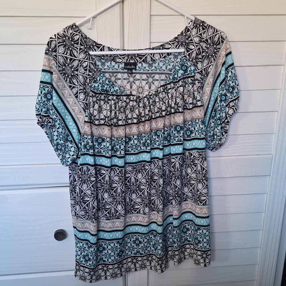 Rafaella Geometric Pleated Scoop Neck Short Sleeve‎ Colorful Blouse L